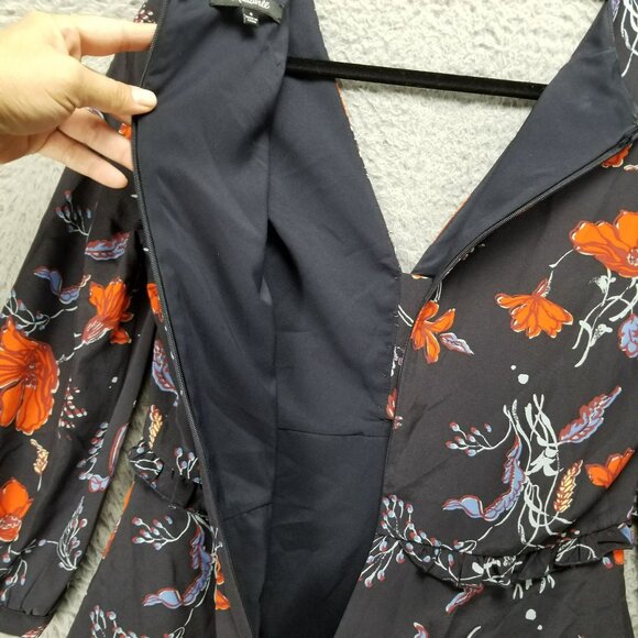 Madewell Dress Womens 0 Navy Blue Floral 100% Silk Ruffle Waist V Neck - Picture 13 of 15